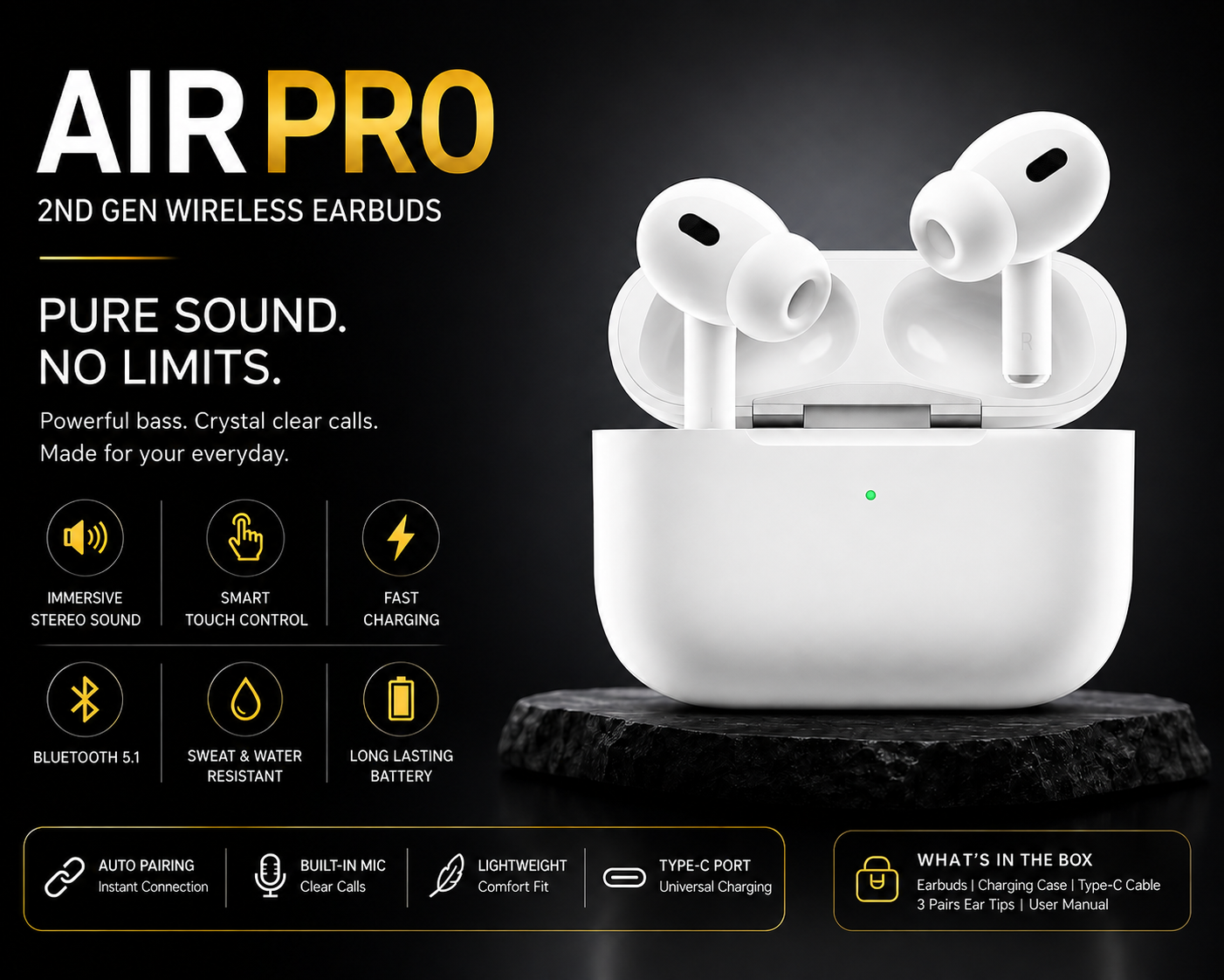 AirPro 2nd Gen Wireless Earbuds – Deep Bass, Touch Control & Fast Charging