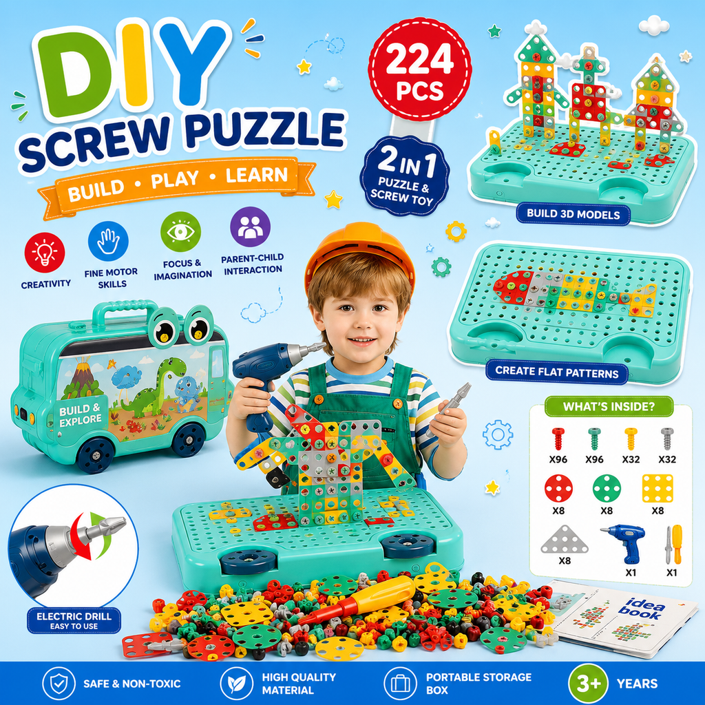 Kiddleo Montessori DIY Tool Kit – 224 Piece Creative Building Set
