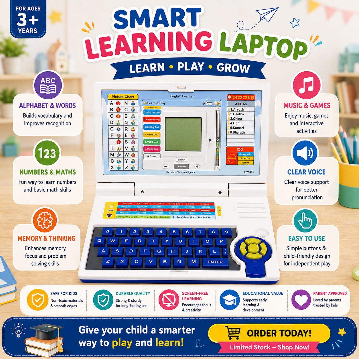 Kiddleo Smart Learning Laptop™ | Educational Laptop Toy for Kids Ages 3+